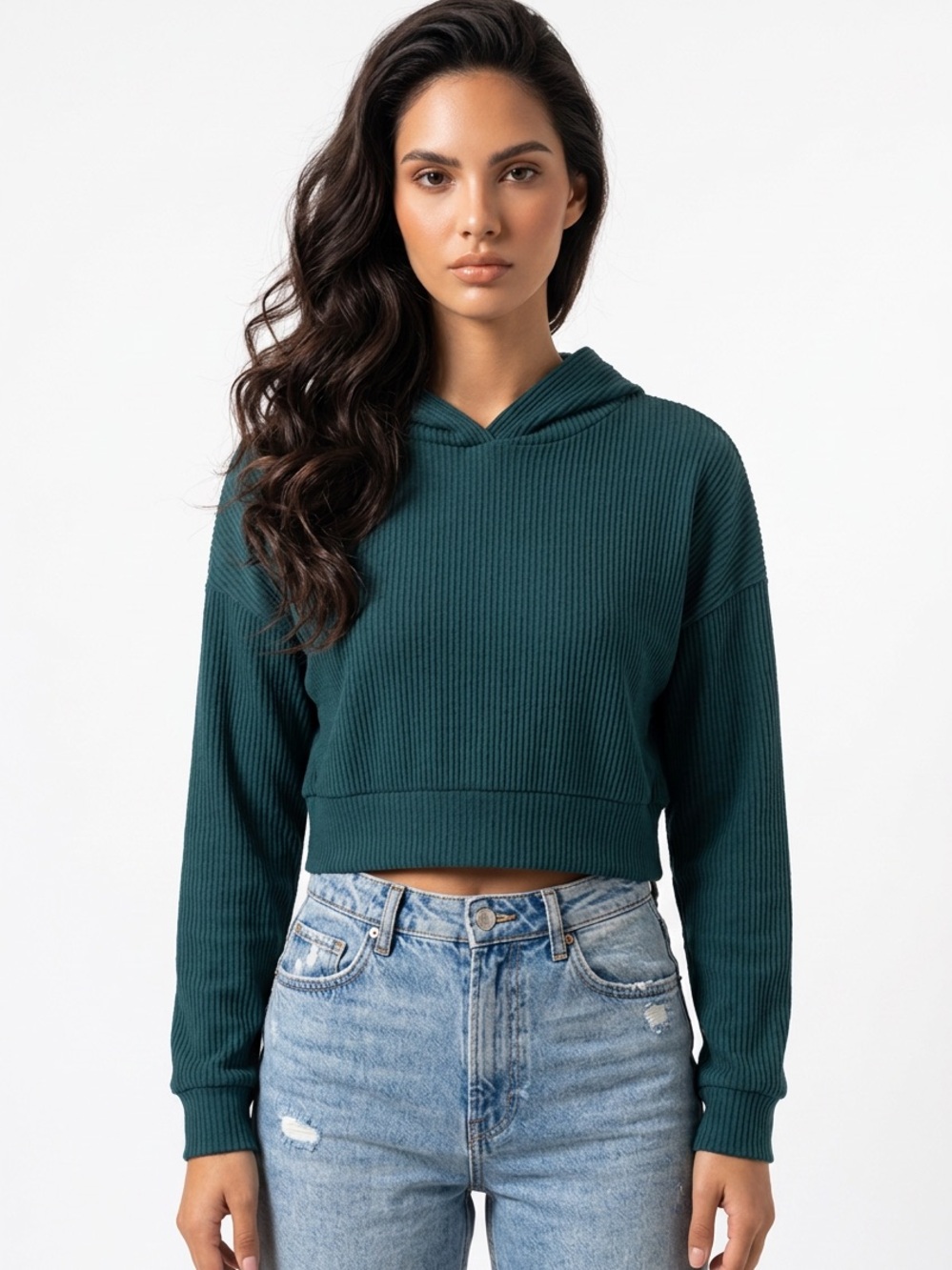 ALO YOGA | Muse Teal Ribbed Cropped Hoodie Women’s Size Medium